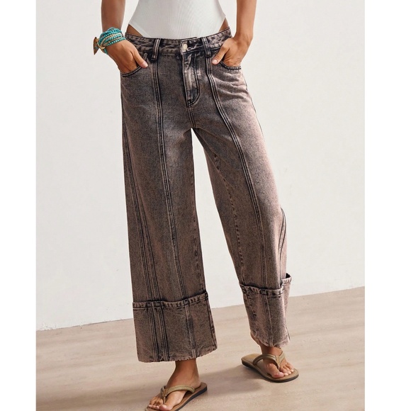 Western Mineral Wash Cuff hem Straight Leg Denim Jeans Pants - Picture 2 of 7